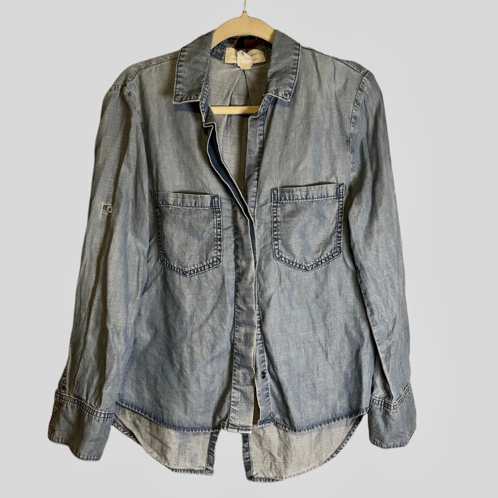 Cloth & Stone Tencel Chambray Button Down Shirt Split Back Roll Tab Sleeves W S